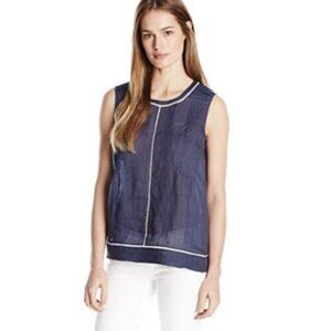 Vince Eyelet Sleeveless Blouse 100% Ramie Shirt Blue & White Tank Top Womens XS